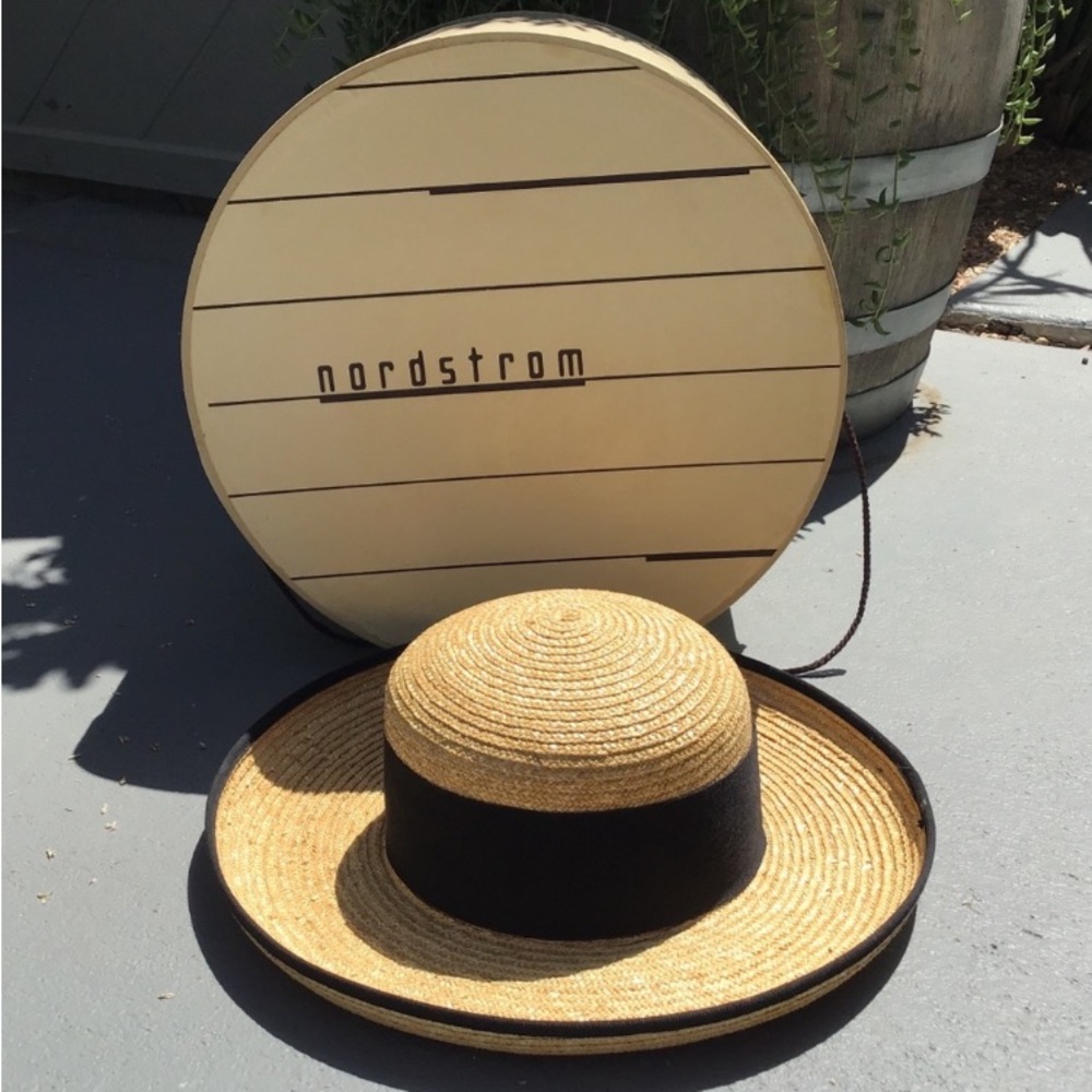 Vintage Nordstrom Straw Sun Hat with Black Grosgrain Ribbon & Nordstrom Hat Box